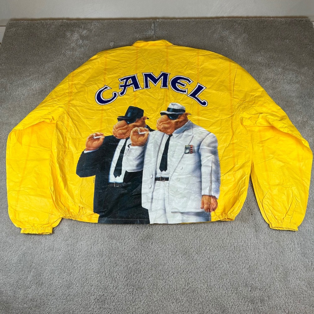 Vintage 90s Camel Windbreaker Jacket Mens XL Yellow Joe Camel Tyvek Graphic Zip